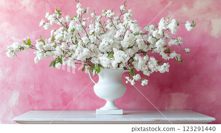 Elegant floral arrangement featuring branches adorned with delicate white blossoms in a classic white vase against a textured pink background. Elegant floral arrangement featuring branches adorned with delicate white blossoms in a classic white vase against a textured pink background. 123291440