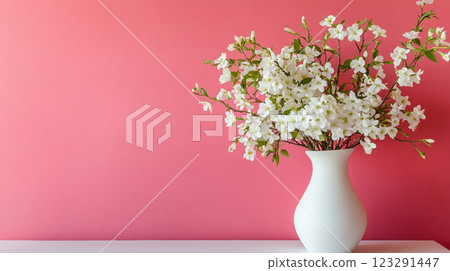 Elegant floral arrangement featuring delicate white blossoms in a sleek vase, set against a vibrant pink background. Spring vibes! 123291447