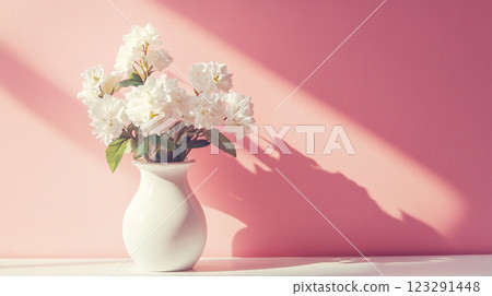 White blossoms in a sleek vase, casting delicate shadows on a pink wall. A minimalist, romantic aesthetic. 123291448
