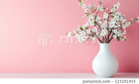 White flowers in a white vase against a pink background. Interior design emphasizing simplicity and elegant floral arrangements. 123291455