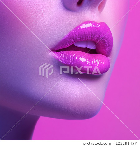 Close-up of luscious, vibrant pink lips. The glossy texture and soft skin create a captivating beauty statement. Glamorous and stylish. Close-up of luscious, vibrant pink lips. The glossy texture and soft skin create a captivating beauty statement. Glamorous and stylish. 123291457