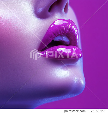 Close-up of a woman's face showcasing vibrant, glossy lips in a striking purple hue against a matching monochrome background. Close-up of a woman's face showcasing vibrant, glossy lips in a striking purple hue against a matching monochrome background. 123291458