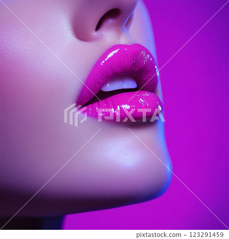 Close-up of vibrant pink glossy lips against a blurred purple backdrop, showcasing beauty and a bold statement. Glamour is in full focus. 123291459