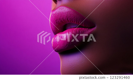 Close up of a person's lips with pink lipstick. The background is a solid pink color and the lips are slightly parted. 123291460