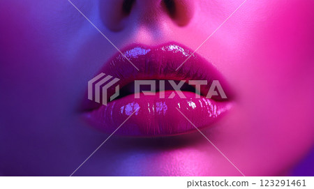 Close-up of lips with a vibrant, glossy magenta color against a neon pink and purple background. Alluring makeup look. Close-up of lips with a vibrant, glossy magenta color against a neon pink and purple background. Alluring makeup look. 123291461