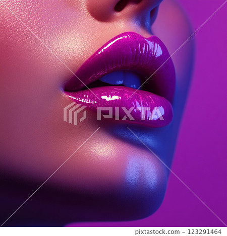 Close-up of a woman's face, focusing on glossy, vibrant magenta lips in a neon setting with cool blue shadows and smooth skin. Close-up of a woman's face, focusing on glossy, vibrant magenta lips in a neon setting with cool blue shadows and smooth skin. 123291464