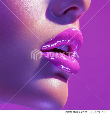 Close-up of vibrant pink lips against a matching background, showcasing a glossy, alluring and bold makeup look. 123291468