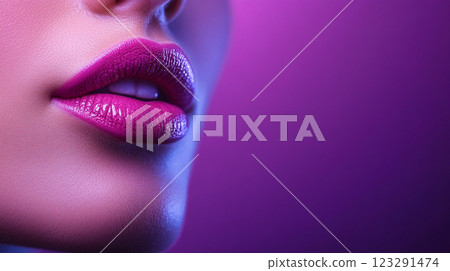 Close-up of striking magenta lips against a purple backdrop, highlighting texture and vibrant color. Beauty concept for makeup artistry. Close-up of striking magenta lips against a purple backdrop, highlighting texture and vibrant color. Beauty concept for makeup artistry. 123291474