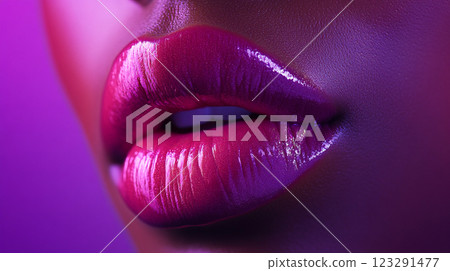 Close-up of vibrant, glossy lips showcasing a bold, magenta-purple color, emphasizing beauty and cosmetic elegance, with a neon aesthetic. 123291477