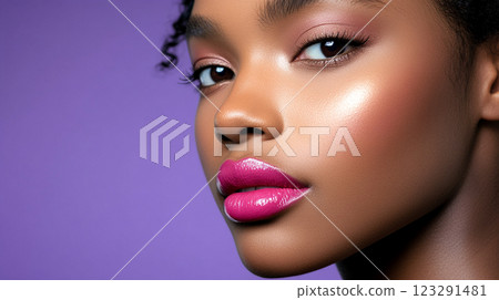 Close-up portrait showcasing a woman with flawless skin, pink lipstick, and subtle eye makeup against a purple background. 123291481