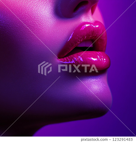 Close-up on lips with magenta lipstick, glossy and vibrant, against a purple background. Beauty and cosmetics in focus. Close-up on lips with magenta lipstick, glossy and vibrant, against a purple background. Beauty and cosmetics in focus. 123291483