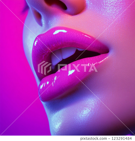 Close-up of glossy pink lips illuminated by vibrant neon lighting, showcasing a bold and modern beauty aesthetic. Stunning and captivating. Close-up of glossy pink lips illuminated by vibrant neon lighting, showcasing a bold and modern beauty aesthetic. Stunning and captivating. 123291484