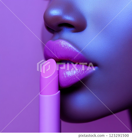 Lipstick application: a close-up shot showcasing vibrant purple lipstick being applied to luscious lips, set against a matching backdrop. 123291500