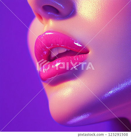 Close-up portrait showcasing vibrant pink, glossy lips against a backdrop of soft purple hues, creating a modern and striking aesthetic. 123291508