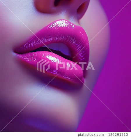 Close-up of glossy, vibrant pink lips against a matching magenta backdrop, showcasing texture and allure. Close-up of glossy, vibrant pink lips against a matching magenta backdrop, showcasing texture and allure. 123291510