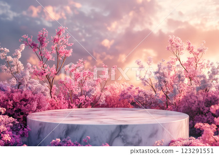 Elegant display of pink flowers with marble pedestal at sunset, mock up background. Generative AI 123291551