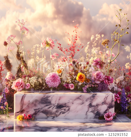Elegant display of pink flowers with marble pedestal at sunset, mock up background. Generative AI 123291552