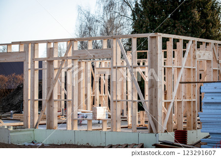 Wooden structures. Construction of a wooden frame private house 123291607
