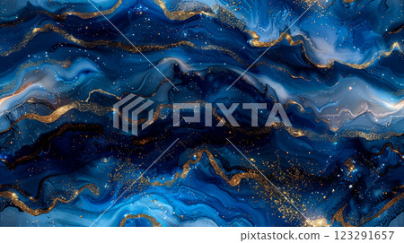 Abstract Dark Blue Alcohol Ink Art Background with Shimmering Glitter Swirls. Generative AI 123291657