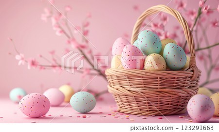 Easter basket with colorful Easter eggs on pink background with decorations. Generative AI Easter basket with colorful Easter eggs on pink background with decorations. Generative AI 123291663