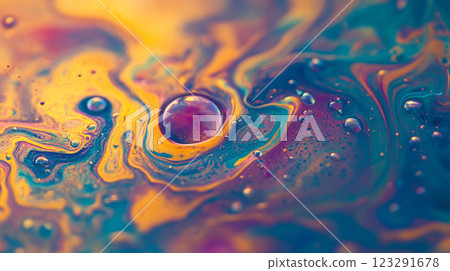 Vibrant abstract close-up of iridescent bubbles in a liquid medium, showcasing a colorful swirl pattern and intriguing texture. 123291678
