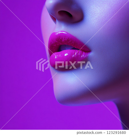 Close-up of pink glossy lips and facial features against a vibrant purple background in a minimalist, modern aesthetic. Close-up of pink glossy lips and facial features against a vibrant purple background in a minimalist, modern aesthetic. 123291680