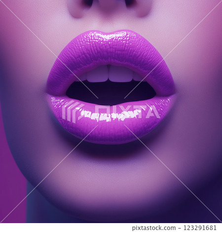 Close-up of luscious, vibrant magenta lips with a glossy finish, slightly parted revealing teeth, set against a soft, blurred backdrop. Close-up of luscious, vibrant magenta lips with a glossy finish, slightly parted revealing teeth, set against a soft, blurred backdrop. 123291681