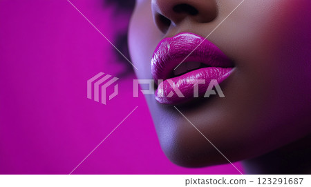 A close up of a model with glossy magenta lips against a vibrant magenta background. The focus is on beauty and make-up artistry. A close up of a model with glossy magenta lips against a vibrant magenta background. The focus is on beauty and make-up artistry. 123291687