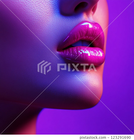 Close-up of a face in vibrant neon light, focusing on glossy pink lips and smooth skin, creating a bold and alluring aesthetic. 123291690