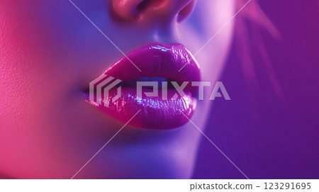 Close-up of glossy, magenta lips, highlighted by vibrant pink and purple lighting, creating a captivating and stylish visual statement. 123291695