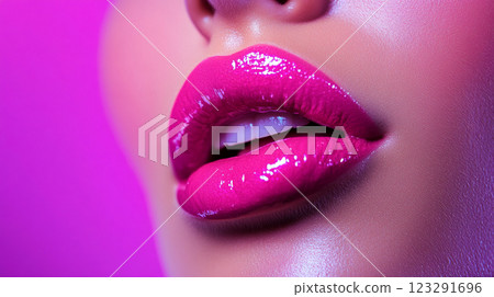 Lush pink lips glisten with gloss against a vibrant magenta backdrop, embodying boldness and beauty in a close-up shot. 123291696