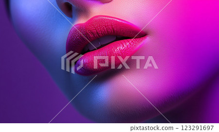Close-up of lips with vibrant magenta lipstick, bathed in a modern blue and pink glow. Focus is on the texture and color intensity. 123291697