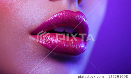 Close-up of lips with vibrant fuchsia lipstick. A hint of teeth peeks through, illuminated by soft, colorful lighting on the skin. 123291698