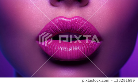 A close-up shot of vibrant pink lips, accentuated with a glossy finish, set against a soft, gradient pink and purple background. 123291699