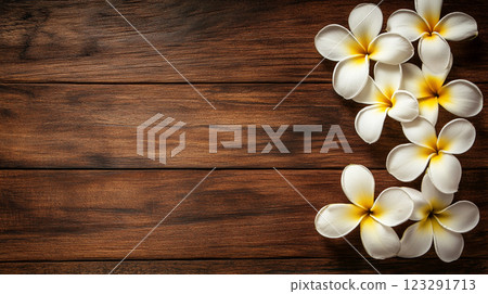 Elegant floral arrangement with white flowers and yellow centers on a rich, dark wooden background for a touch of natural beauty. 123291713