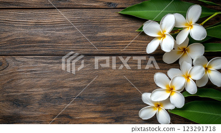 White flowers with yellow centers resting on a dark wooden surface. Lush green leaves accompany the flowers, creating a natural design. White flowers with yellow centers resting on a dark wooden surface. Lush green leaves accompany the flowers, creating a natural design. 123291718