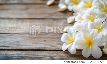 White and Yellow Plumeria Flowers on Weathered Wood. The serene composition invites relaxation with its soft petals and rustic texture. White and Yellow Plumeria Flowers on Weathered Wood. The serene composition invites relaxation with its soft petals and rustic texture. 123291725