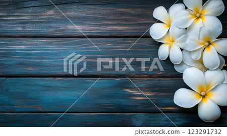 Arrangement of elegant white plumeria blossoms with yellow centers, displayed against a textured dark wood surface creates a serene, inviting feel. 123291732