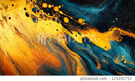 Abstract painting depicting the fluidity of contrasting elements with gold and blue gradients and textural depth, creates a dynamic flow. 123291752