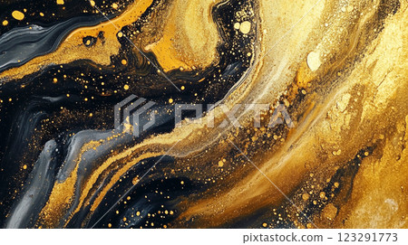 Abstract swirling gold and black fluid art. Metallic pigments create a luxurious, dynamic pattern with scattered golden particles. 123291773