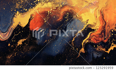 Abstract explosion of gold and dark blues blends in swirling motion, reminiscent of celestial events. Artistic painting texture and fluid flow. Abstract explosion of gold and dark blues blends in swirling motion, reminiscent of celestial events. Artistic painting texture and fluid flow. 123291959