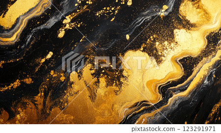 Abstract art piece featuring fluid textures of shimmering gold and dark colors, creating a mesmerizing interplay of light and depth. 123291971