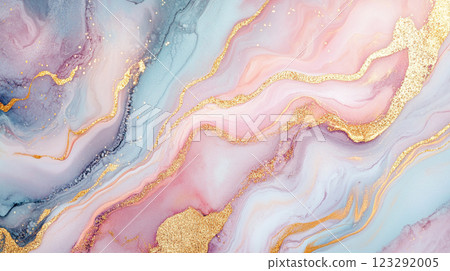 Abstract pastel waves of pink, blue, purple, and gold blend together, creating a soft and ethereal marbled pattern, perfect for backgrounds Abstract pastel waves of pink, blue, purple, and gold blend together, creating a soft and ethereal marbled pattern, perfect for backgrounds 123292005
