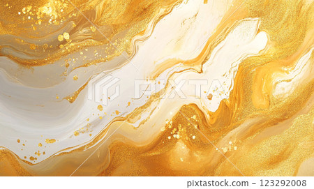 Abstract gold and cream waves create a luxurious, flowing texture. Golden glitter accents enhance the fluid, dynamic effect. 123292008