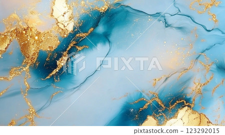 Fluid abstract art featuring flowing, gold-lined rivulets of turquoise and light blue. Striking contrast of bold and delicate elements. Fluid abstract art featuring flowing, gold-lined rivulets of turquoise and light blue. Striking contrast of bold and delicate elements. 123292015