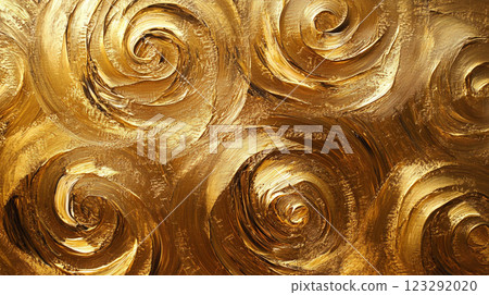Textured painting with swirling patterns in shades of gold. The thick brushstrokes create a dynamic and eye-catching effect. 123292020