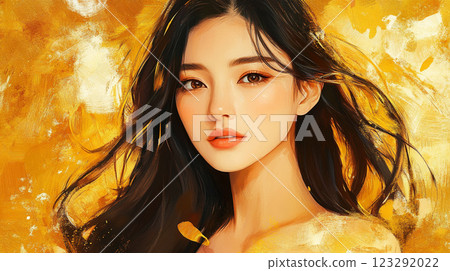 Portrait of a beautiful woman with long dark hair against a textured golden backdrop, rendered in a painterly style. Beauty and art. 123292022