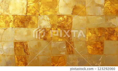 Abstract golden squares create a textured and luxurious mosaic. The varying shades and brushstrokes evoke a sense of depth and richness. 123292060