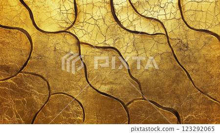 Golden abstract texture with cracked surface and wavy lines. An opulent, aged backdrop for designs needing rich, textured elements. 123292065
