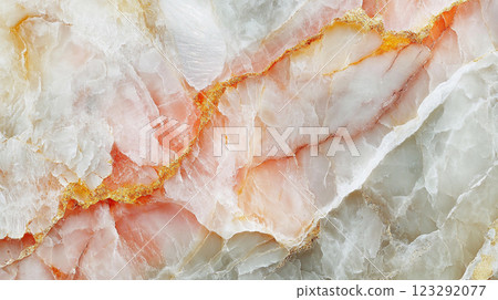 An abstract close-up shot showcasing the intricate patterns and textures of natural stone with hues of gold, white, grey, and pink. 123292077